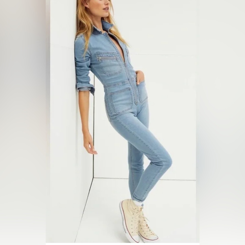 Free people Lennox Light Blue Denim Jumpsuit